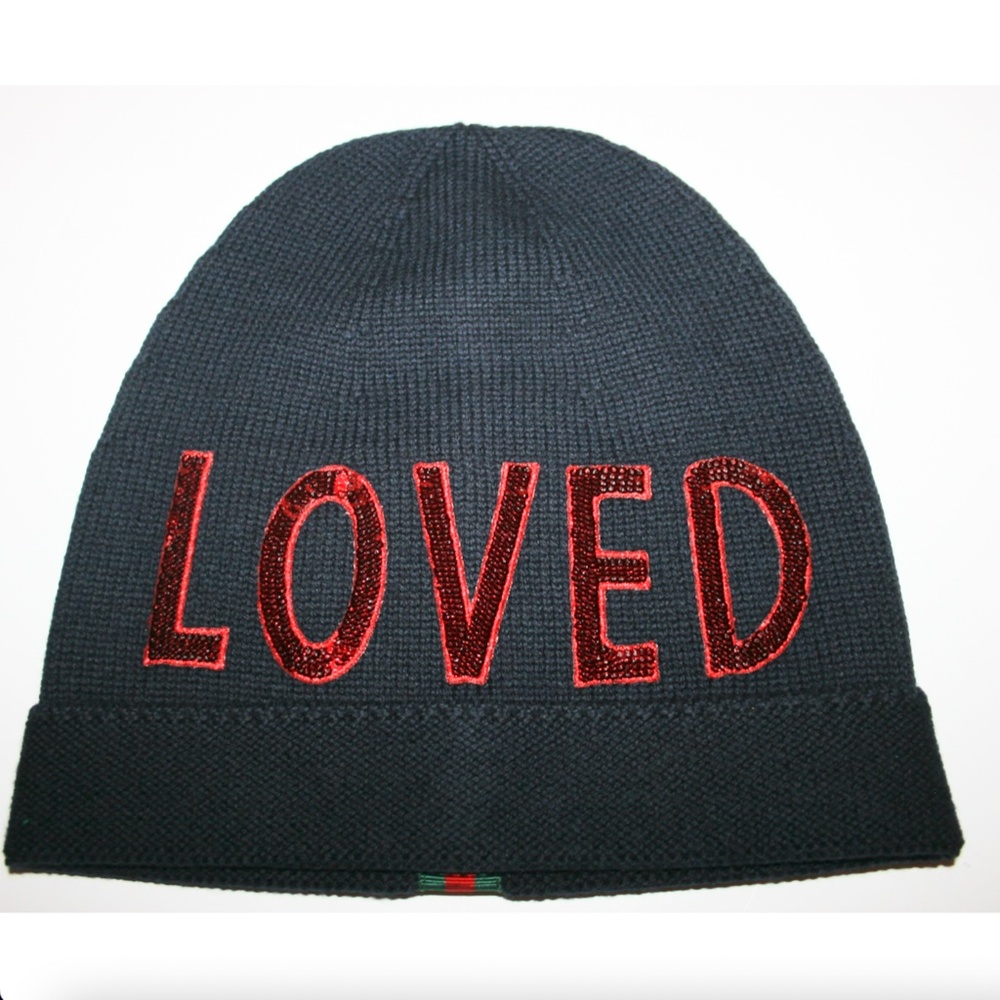 Gucci "Loved" Sequin Wool Web Beanie Hat